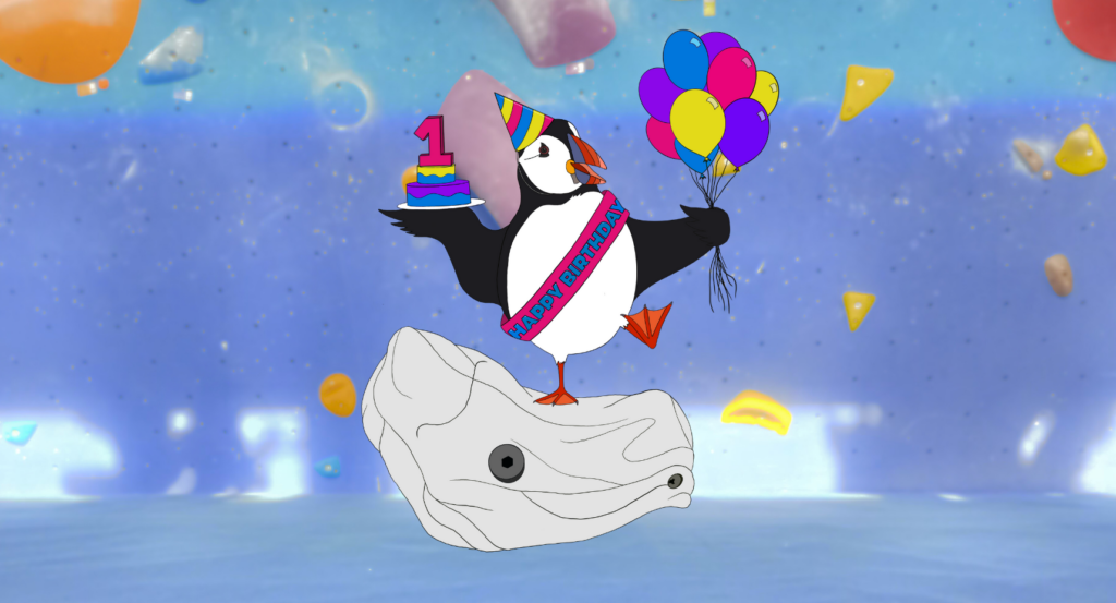 A cartoon puffin holding a birthday cake and balloons, wearing a party hat and a sash, standing on a climbing hold