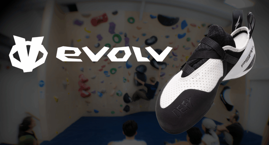 The Evolv logo with a Defy climbing shoe